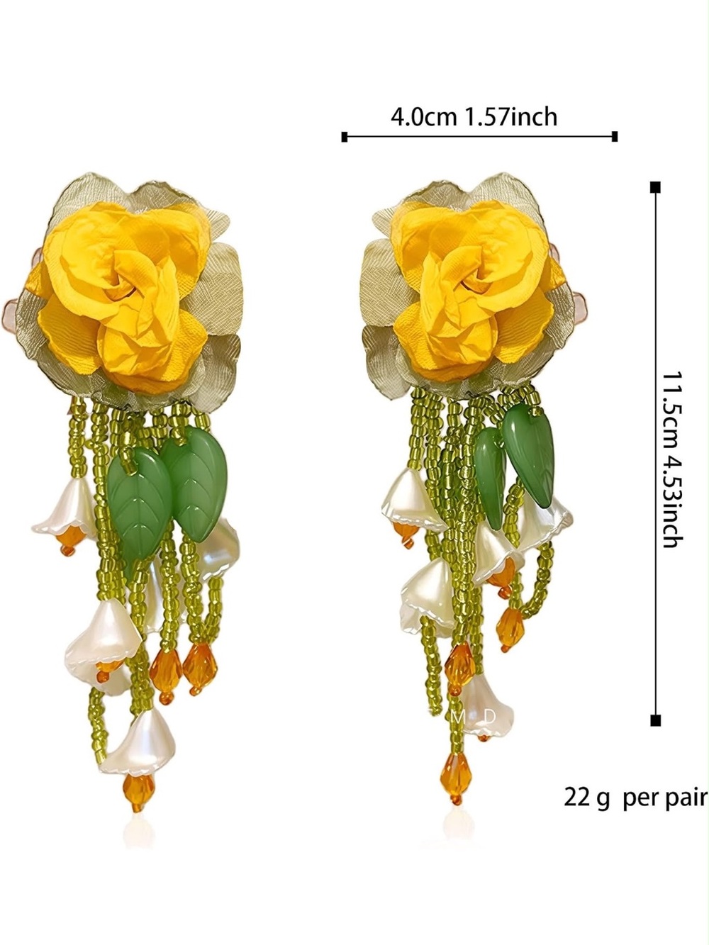 Yellow Flower Drop Earrings with Green Leaf Beads - Picture 2 of 4